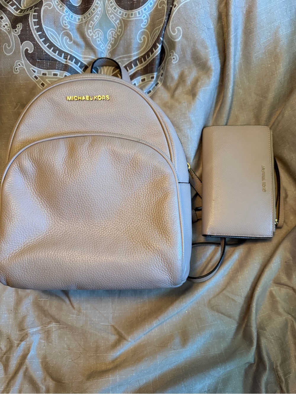 Michael Kors Pebbled Leather Backpack and Wallet in Taupe